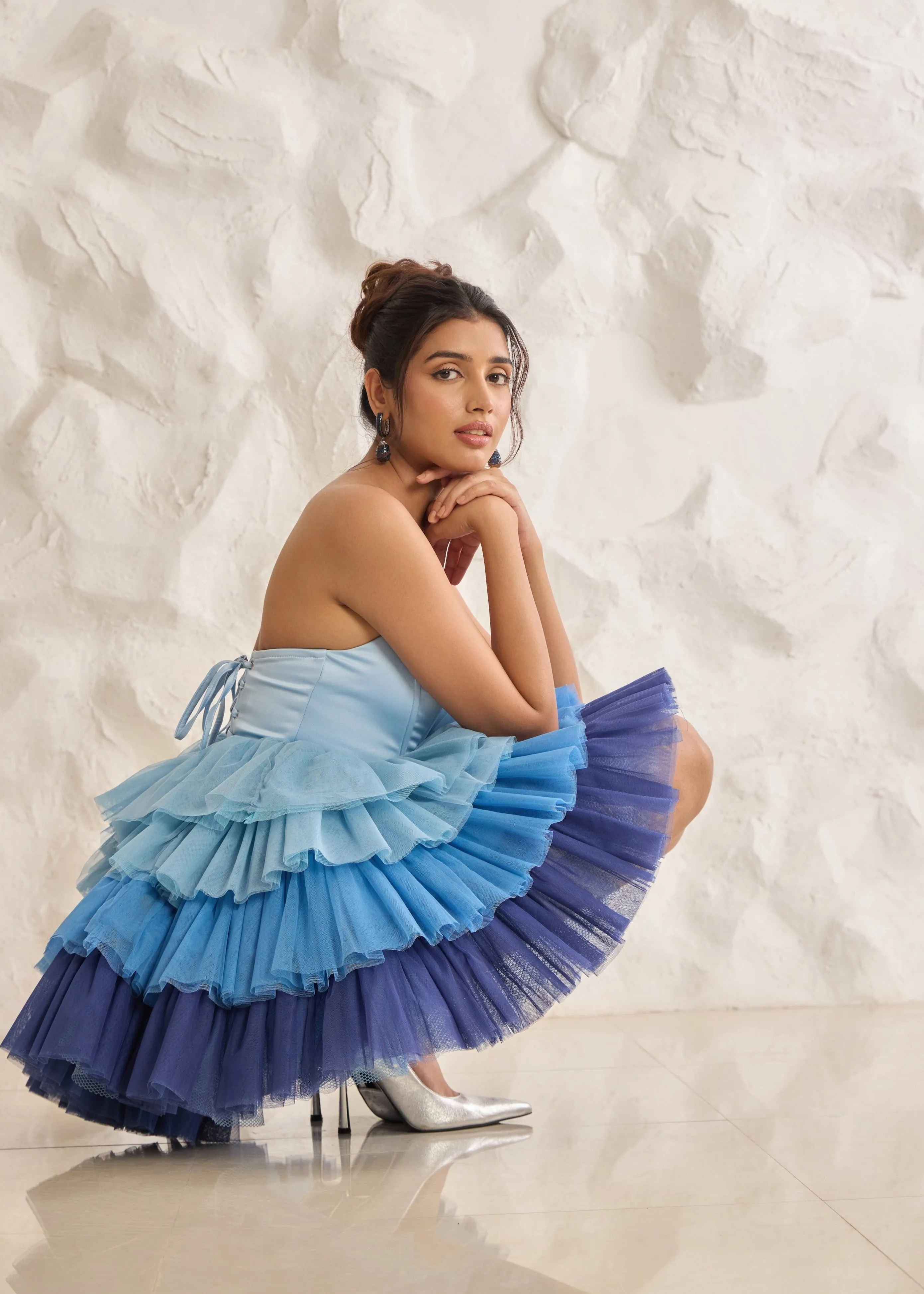 Belle Blue Ombre Ruffle Tulle Puff Corset Dress