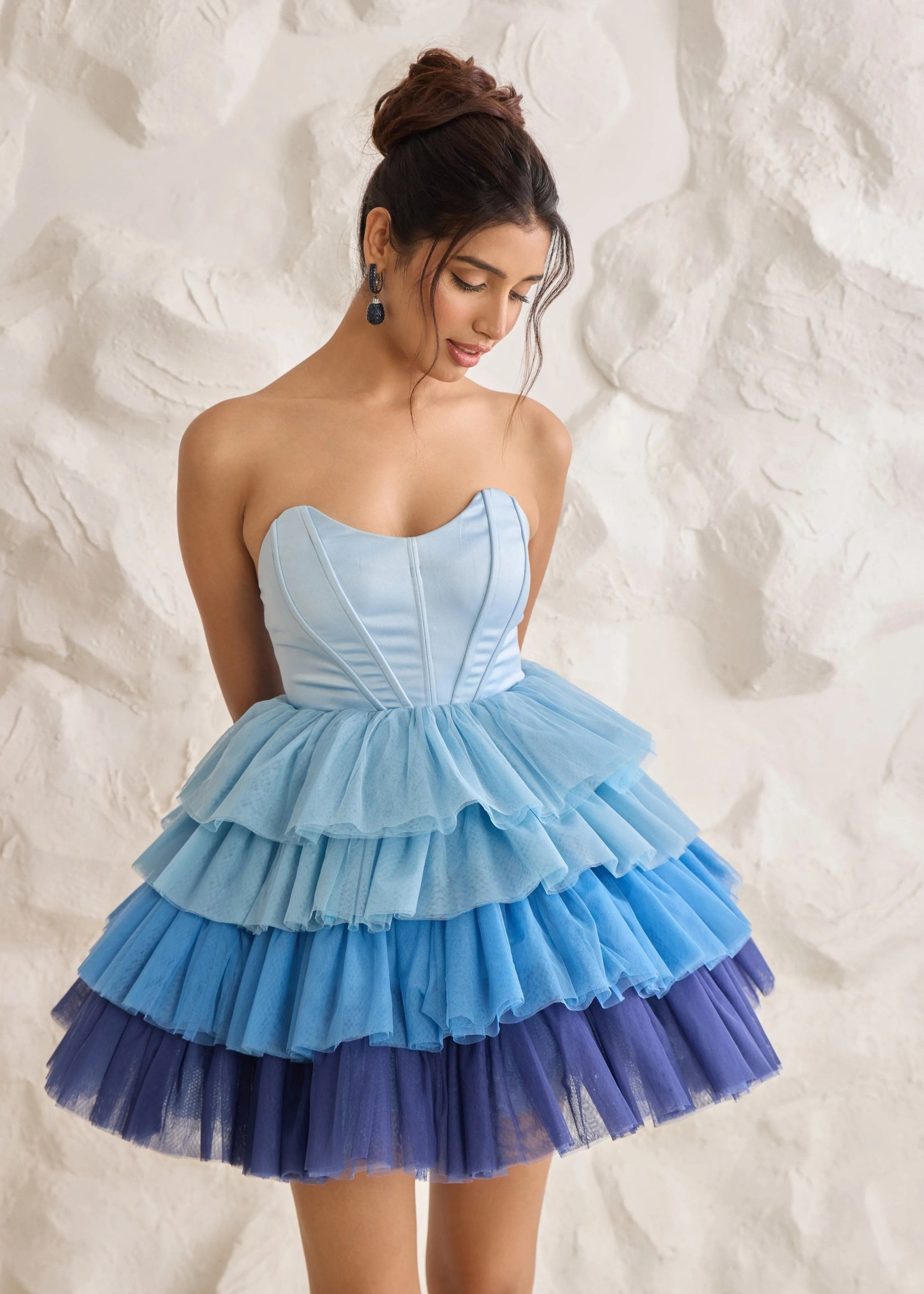 Belle Blue Ombre Ruffle Tulle Puff Corset Dress