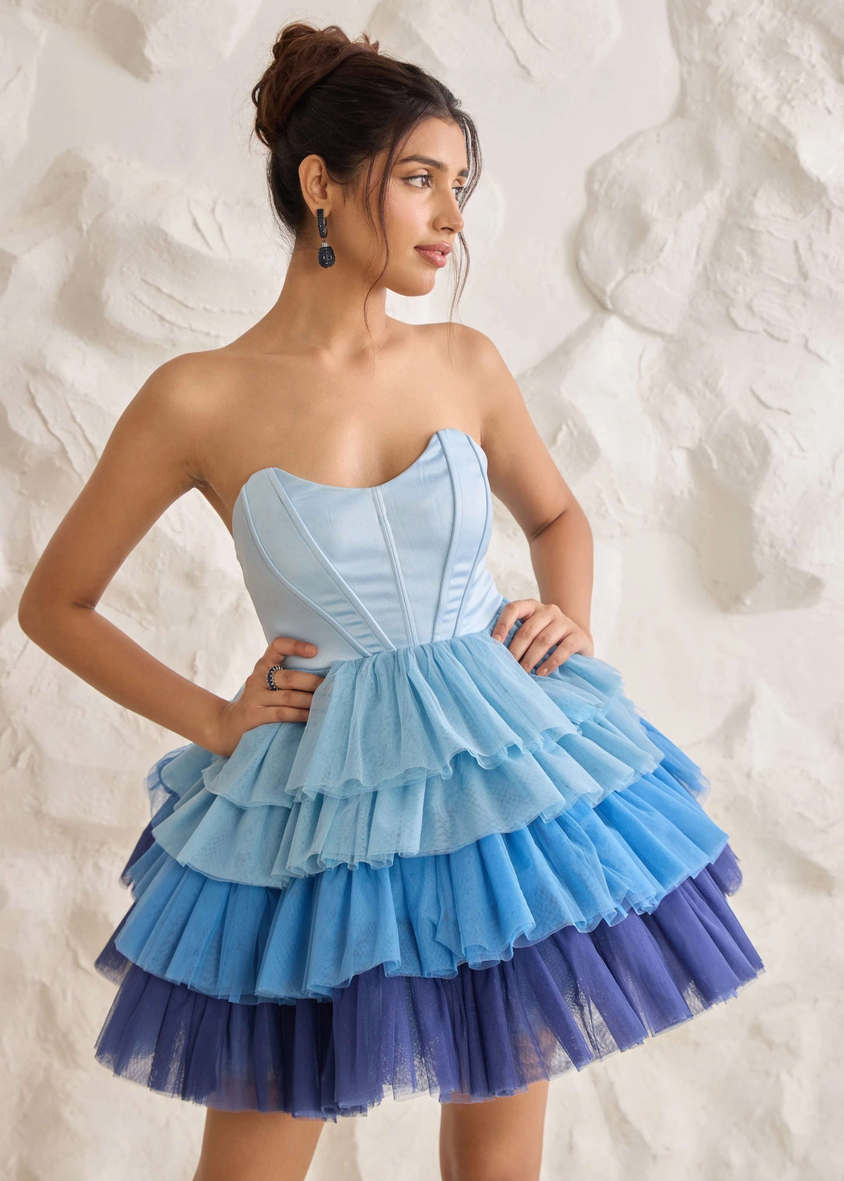 Belle Blue Ombre Ruffle Tulle Puff Corset Dress