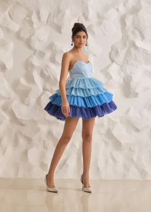 Belle Blue Ombre Ruffle Tulle Puff Corset Dress