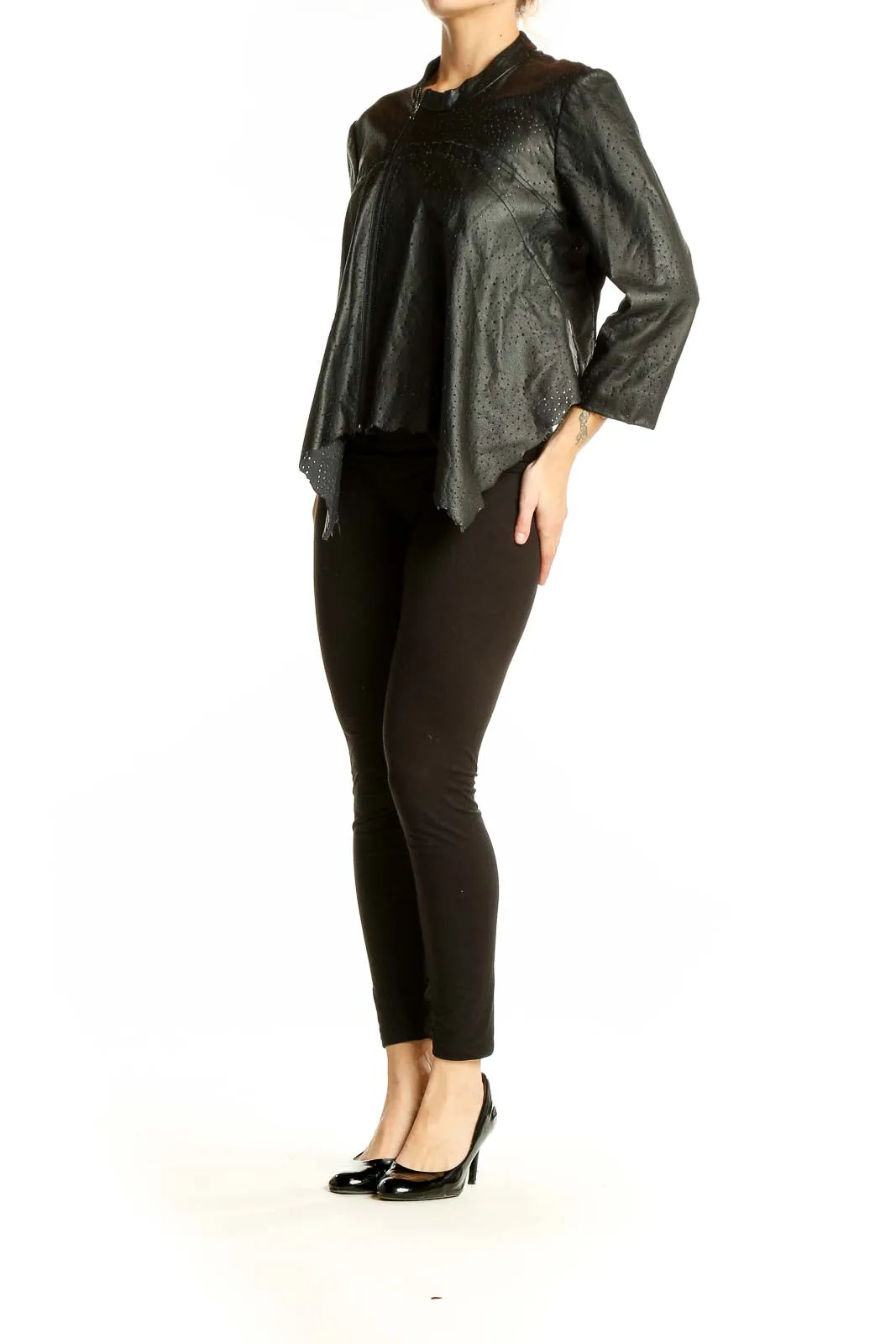 Black Perforated Asymmetrical Zip Jacket