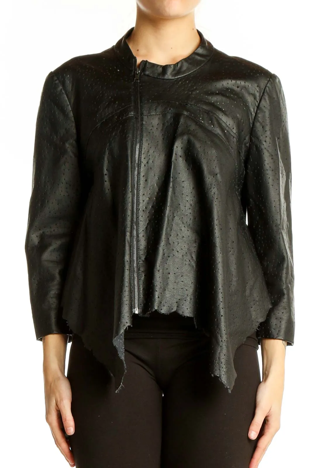 Black Perforated Asymmetrical Zip Jacket