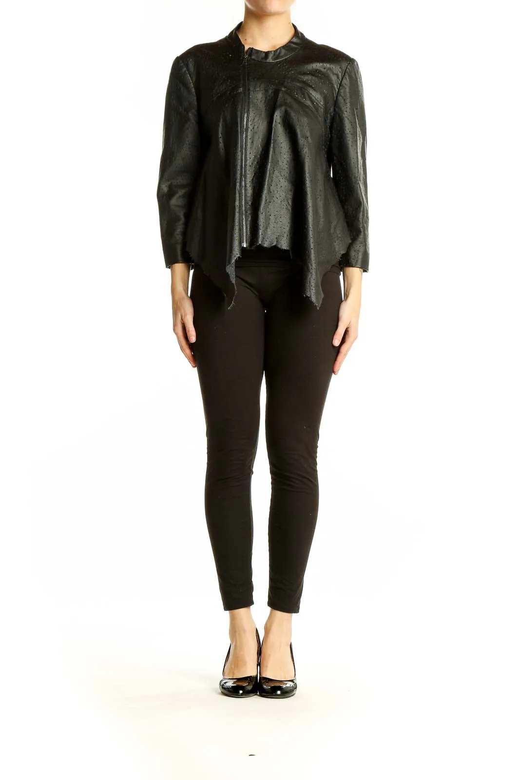 Black Perforated Asymmetrical Zip Jacket