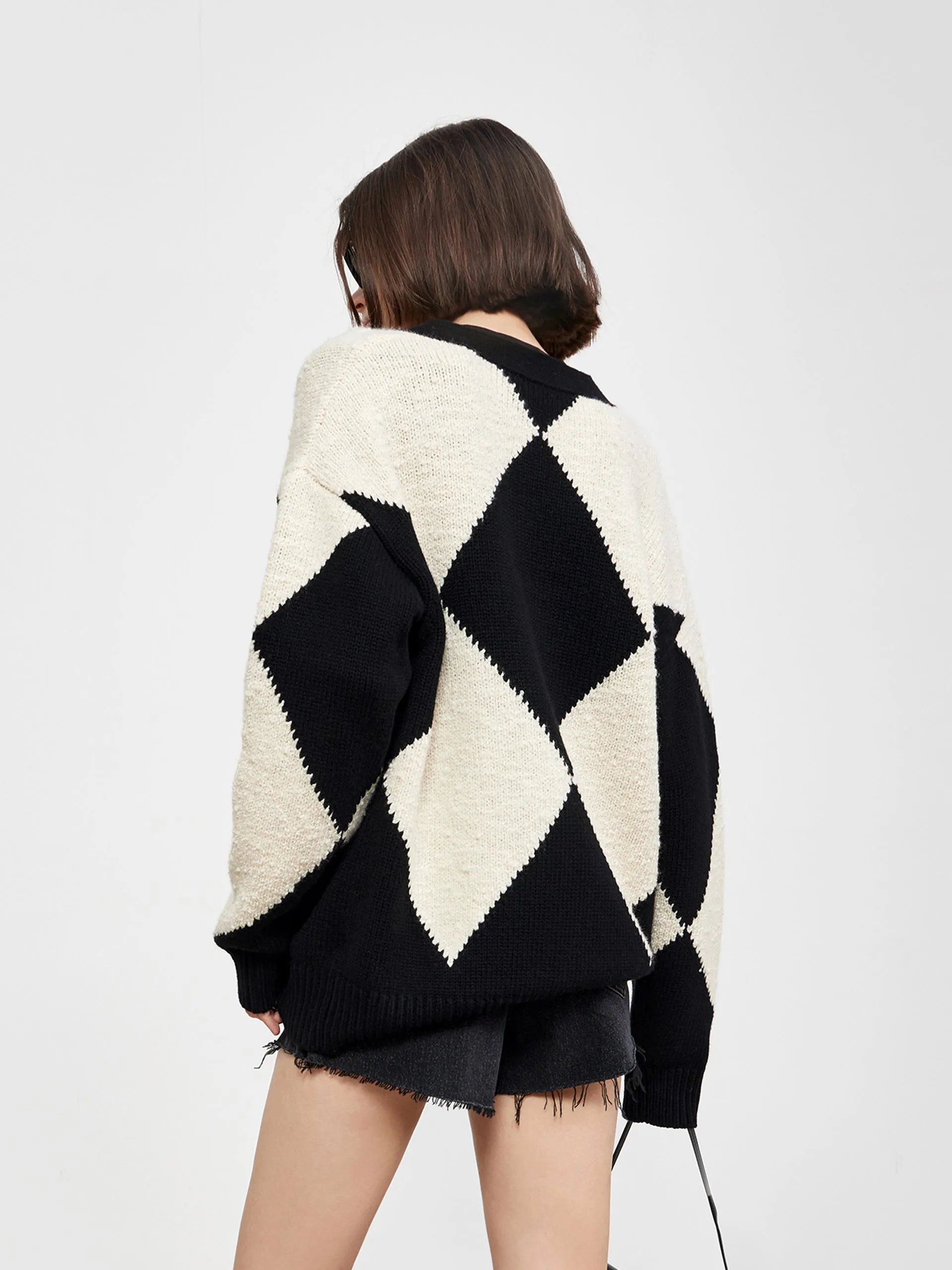 Diamond Check Knit Wool-Blend Cardigan