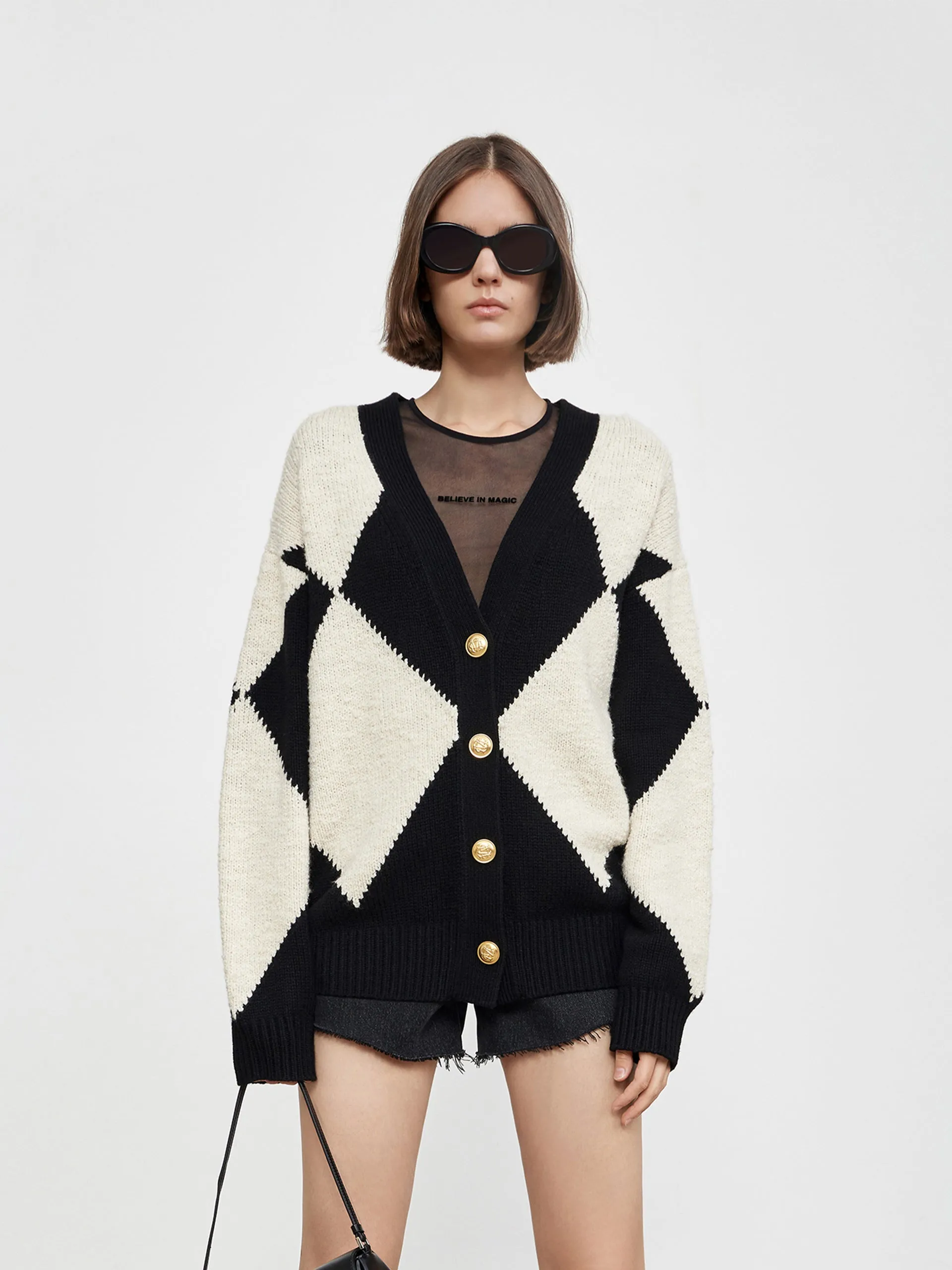 Diamond Check Knit Wool-Blend Cardigan