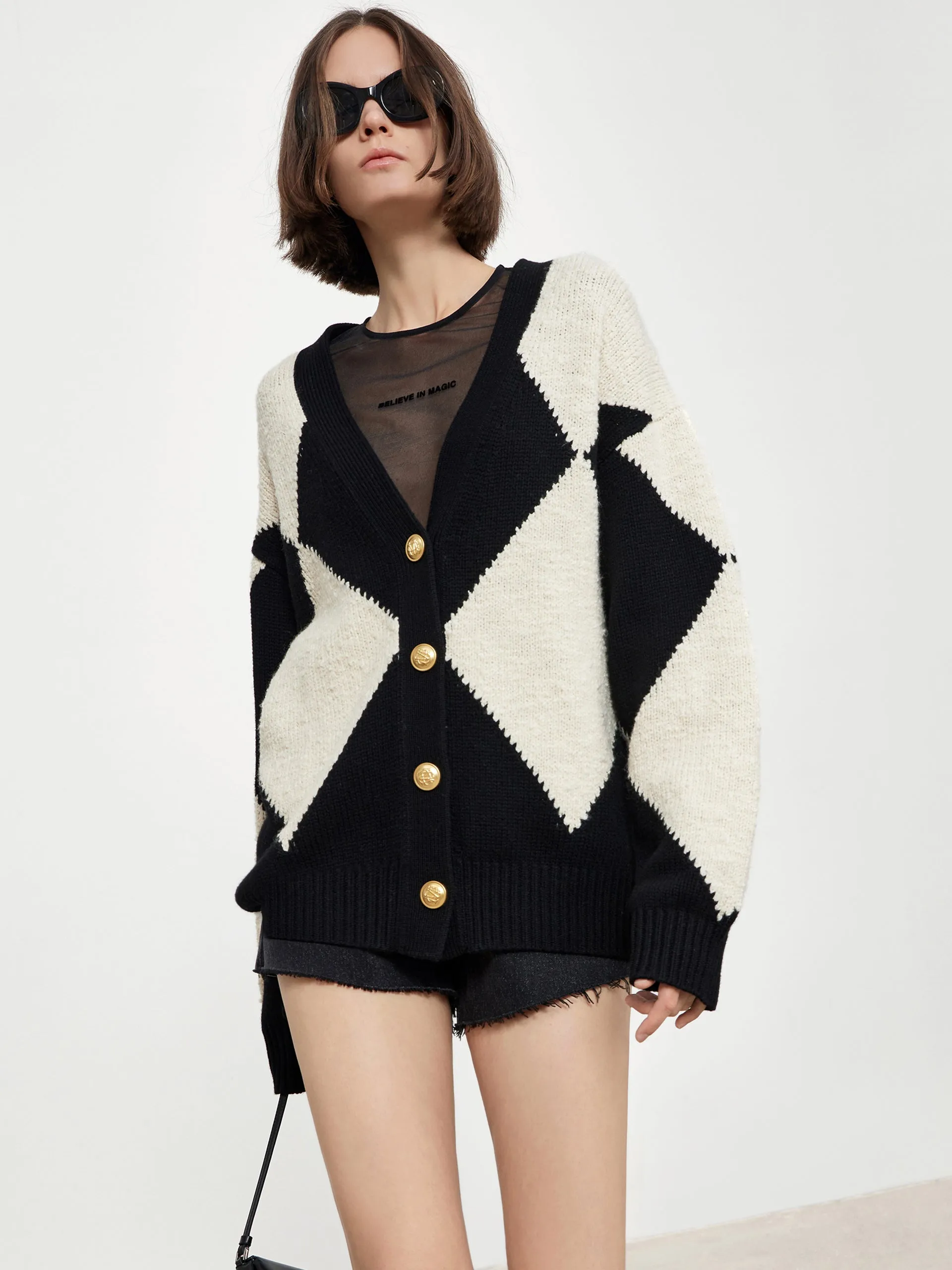 Diamond Check Knit Wool-Blend Cardigan