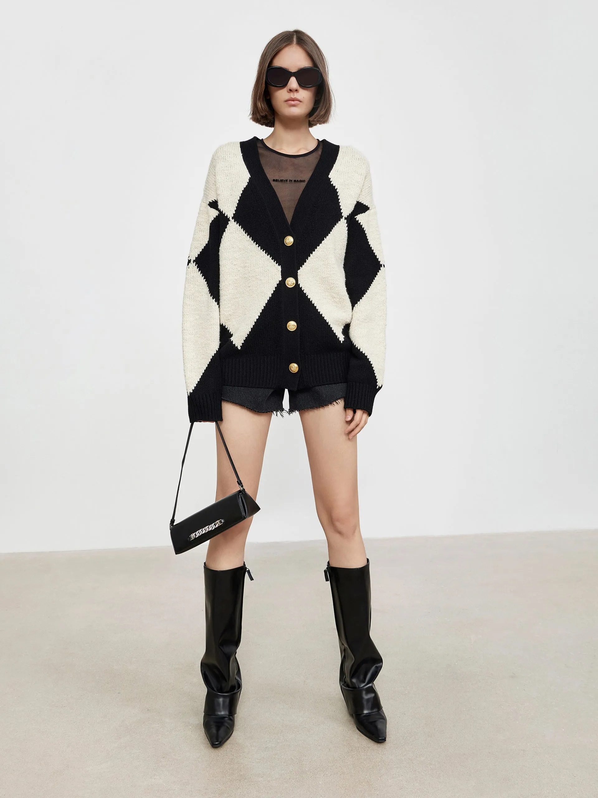 Diamond Check Knit Wool-Blend Cardigan