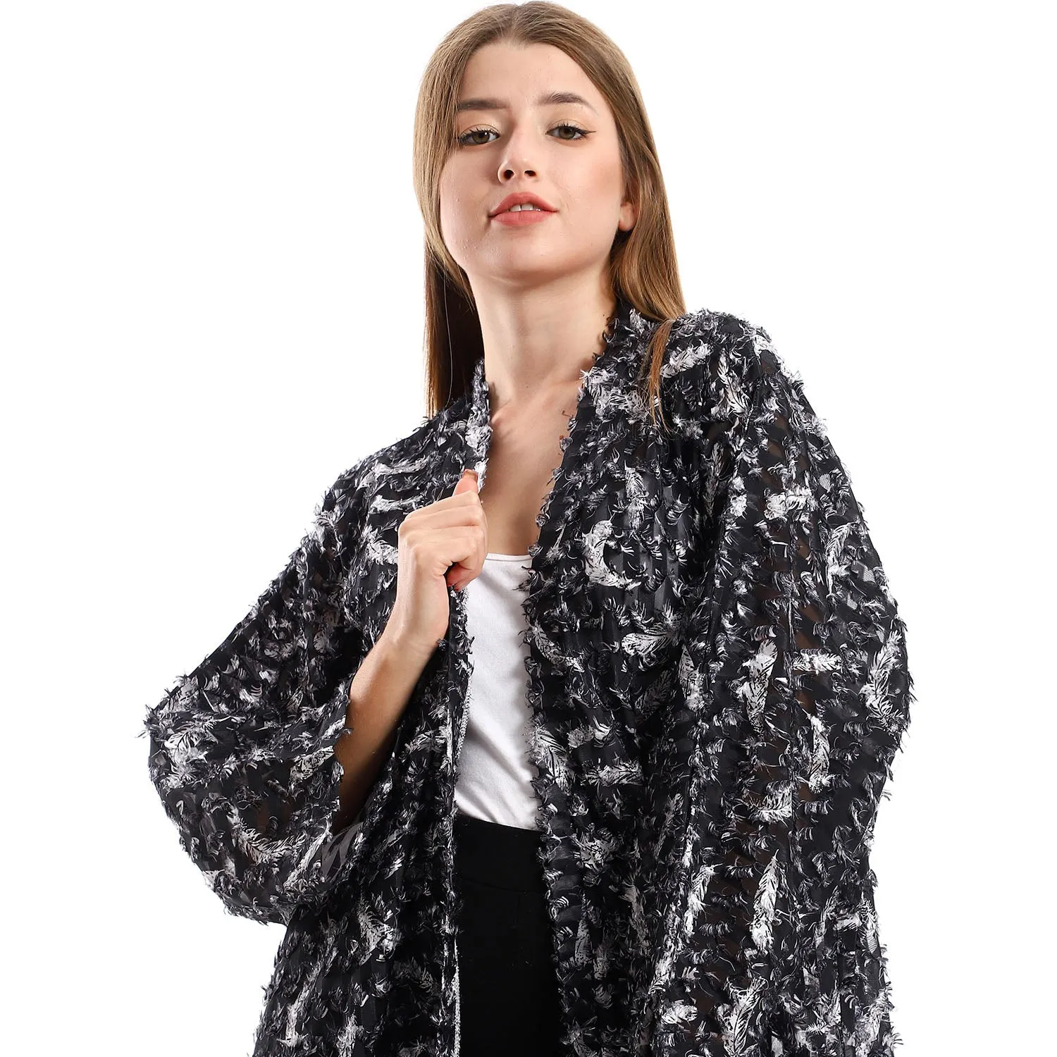 Eyelash Open Neckline Long Cardigan - Kady