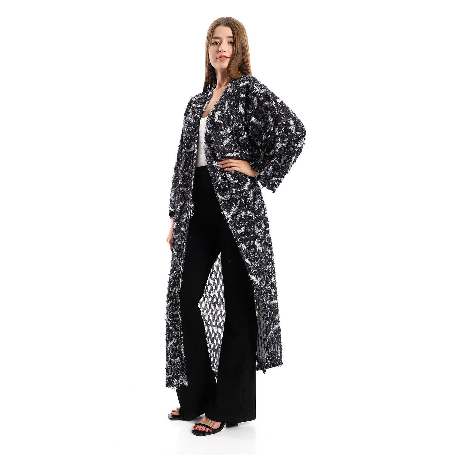 Eyelash Open Neckline Long Cardigan - Kady