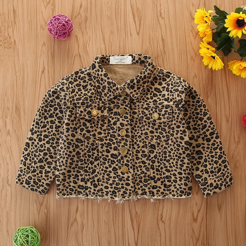 Girls Leopard Denim Lapel Long Sleeve Button Jacket Wholesale