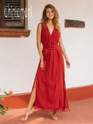 Gypsy Raw Cotton Sleeveless Long Wrap Dress / Red Ochre