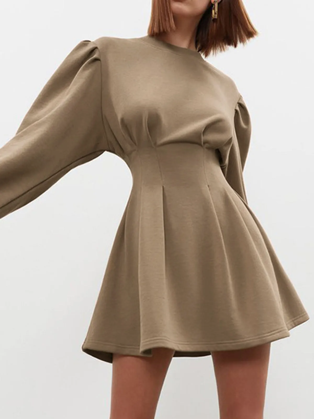 Knit Pleated Long Sleeve Modern Crew Neck Mini Dress