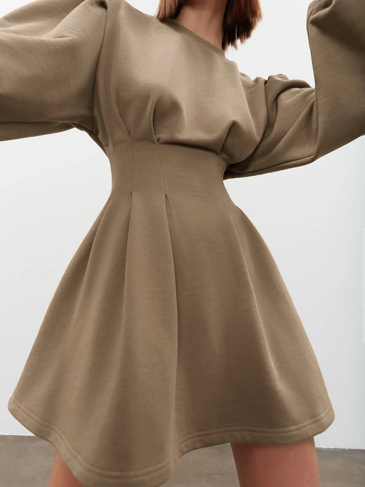 Knit Pleated Long Sleeve Modern Crew Neck Mini Dress