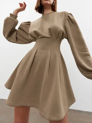 Knit Pleated Long Sleeve Modern Crew Neck Mini Dress