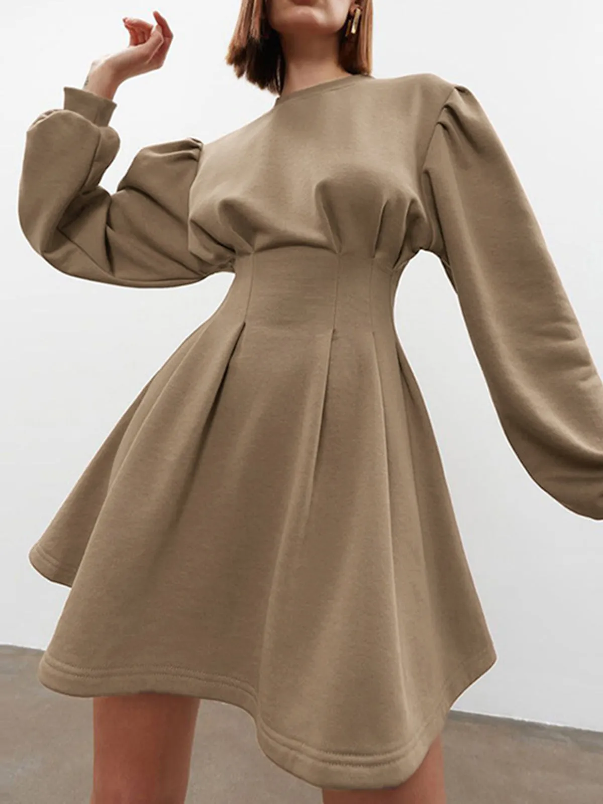 Knit Pleated Long Sleeve Modern Crew Neck Mini Dress