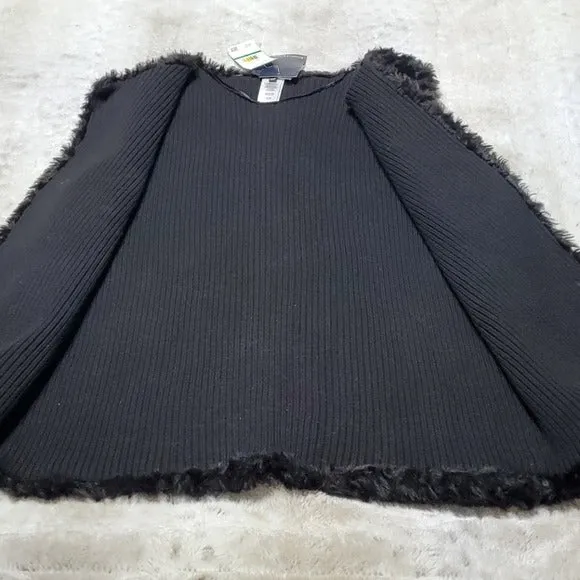 NWT Evan Picone Black Faux Fur Open Front Vest Size L