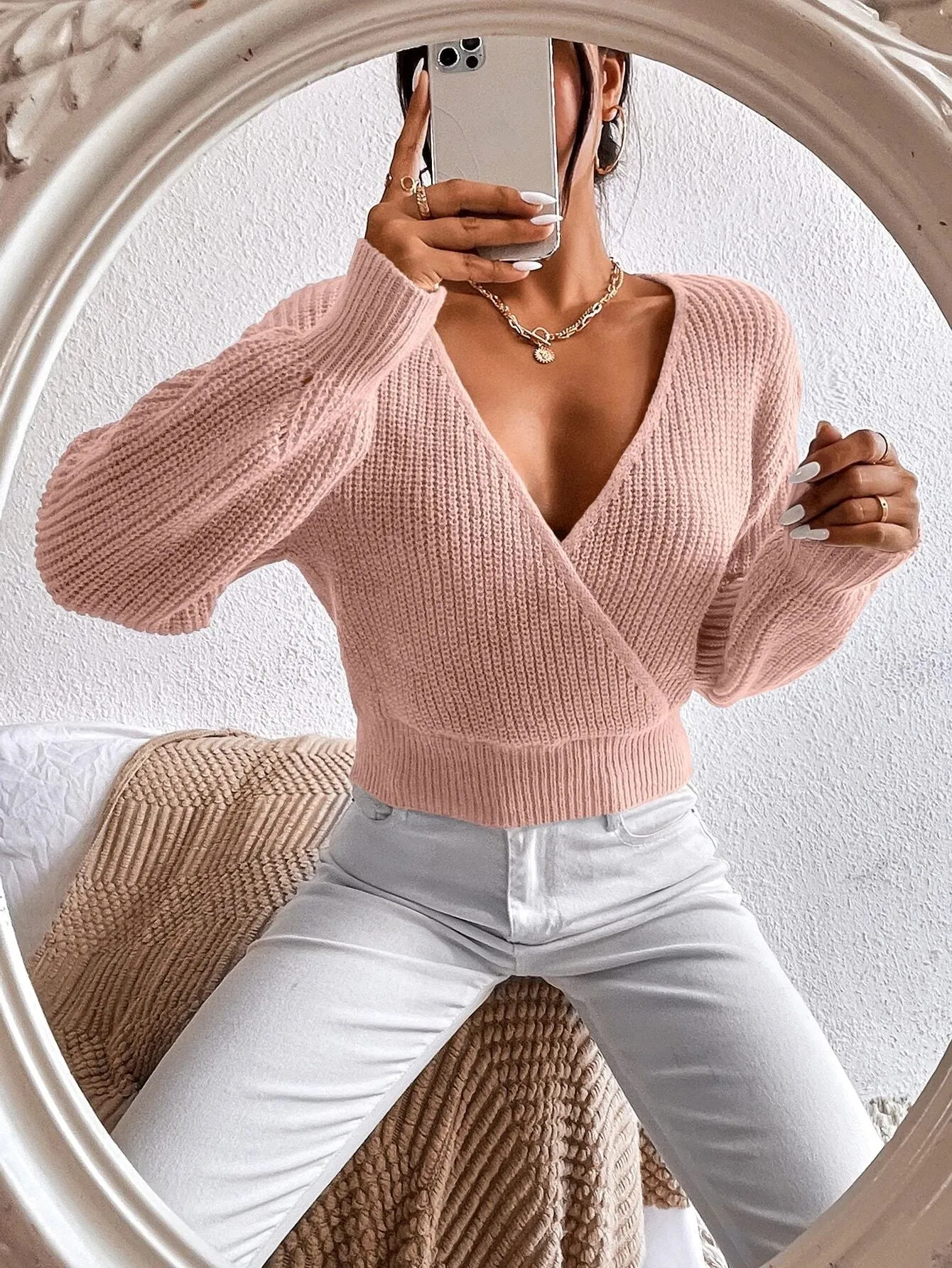 SHEIN Frenchy Surplice Neck Drop Shoulder Sweater
