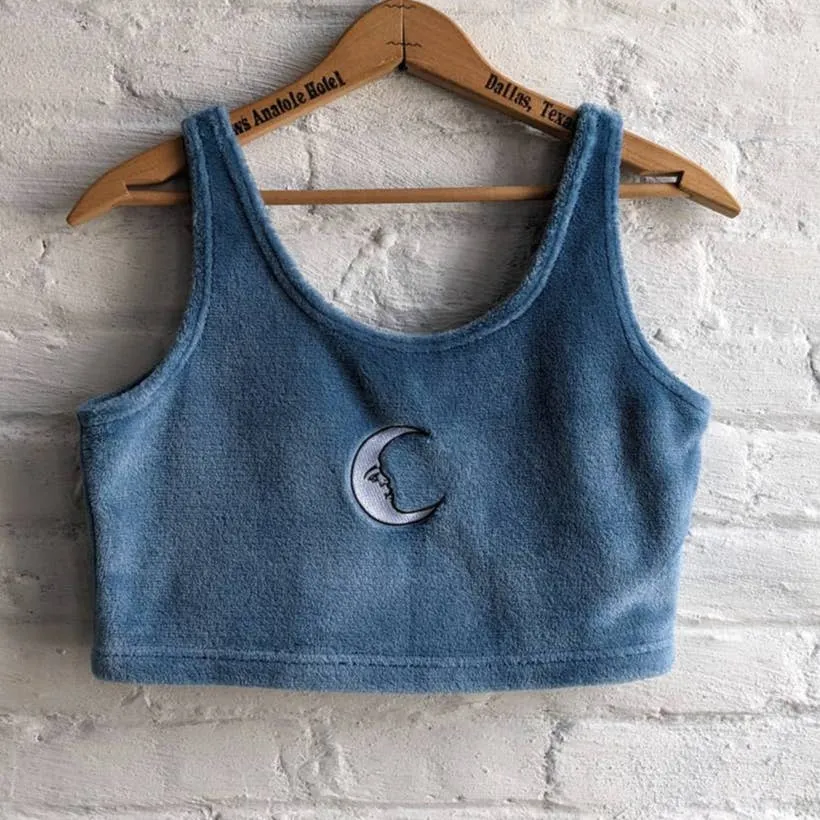 Y2K Vintage Witchy Moon Lunar Embroidered Muted Baby Blue Fleece Crop Top